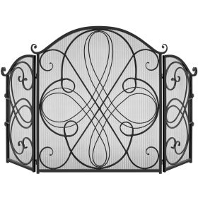 3-Panel 55x33in Wrought Iron Fireplace Safety Screen Decorative Scroll Spark Guard Cover - Black